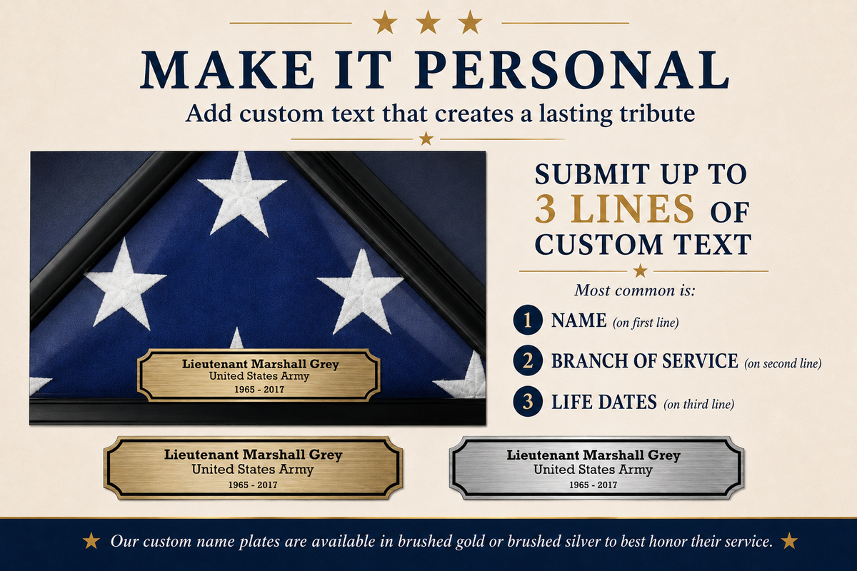 Custom military memorial nameplate for veteran burial case on a beige background, showing a folded American flag with three sample gold and silver nameplates and text explaining personalization options.