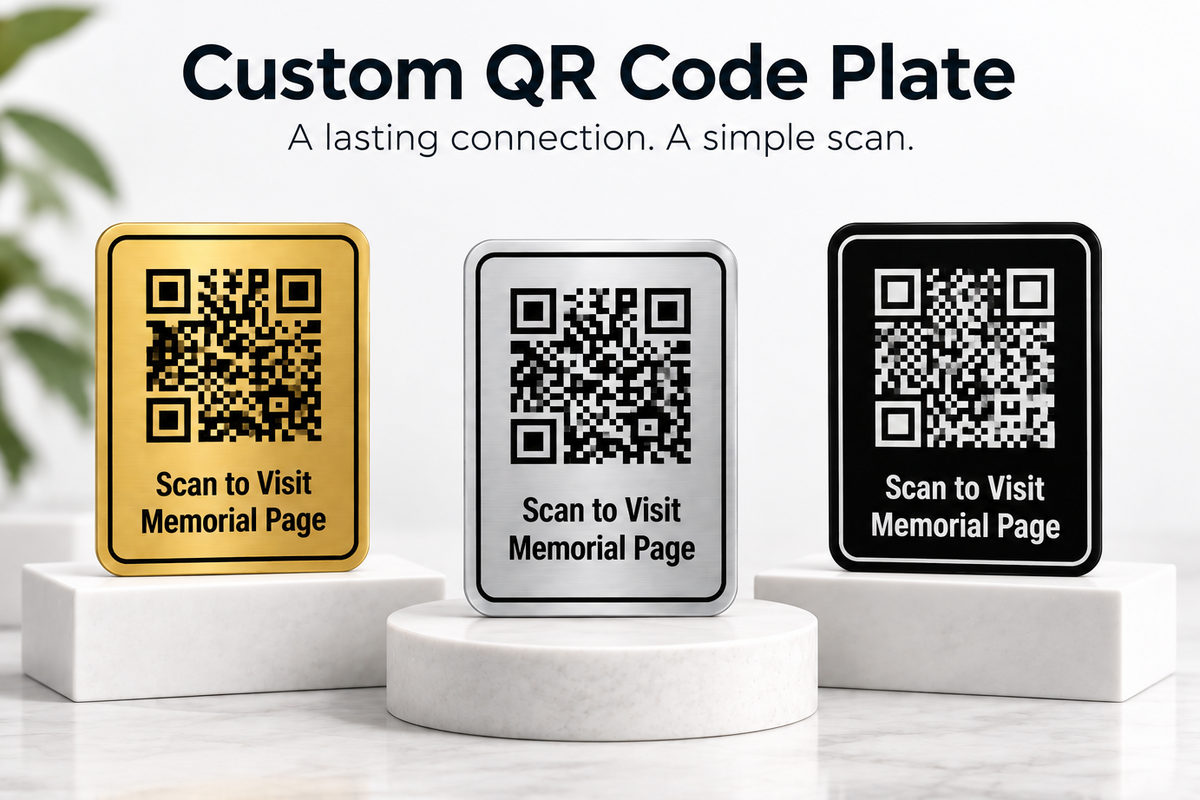 Three customizable QR code memorial plates displayed on white pedestals. The plates come in three color options: gold, silver, and black, each featuring a QR code and the text 'Scan to Visit Memorial Page'. These plates are located in Houston, Tx for installation of cemetery headstones.