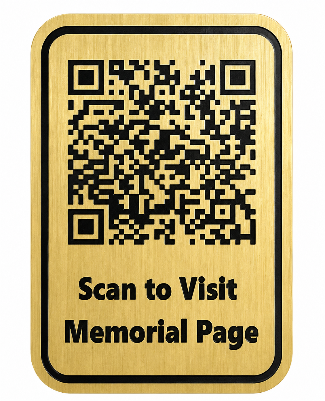 A rectangular gold memorial plaque for cemetery headstone with rounded corners, featuring a black QR code and the text 'Scan to Visit Memorial Page' on a white background.