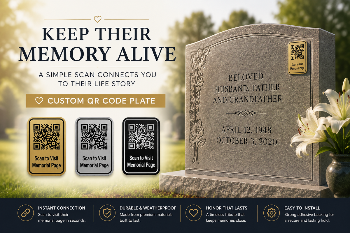 A memorial gravestone plaque shown outdoors beside flowers, with large marketing text reading 'KEEP THEIR MEMORY ALIVE' and feature callouts for a custom QR code plate. The product appears to be a gray stone memorial plate with engraved text and QR code panels shown on the left.