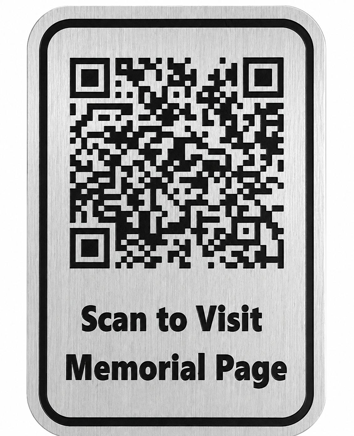 A rectangular brushed-metal memorial plaque for headstones with rounded corners, featuring a black QR code and the text 'Scan to Visit Memorial Page' on a white background.