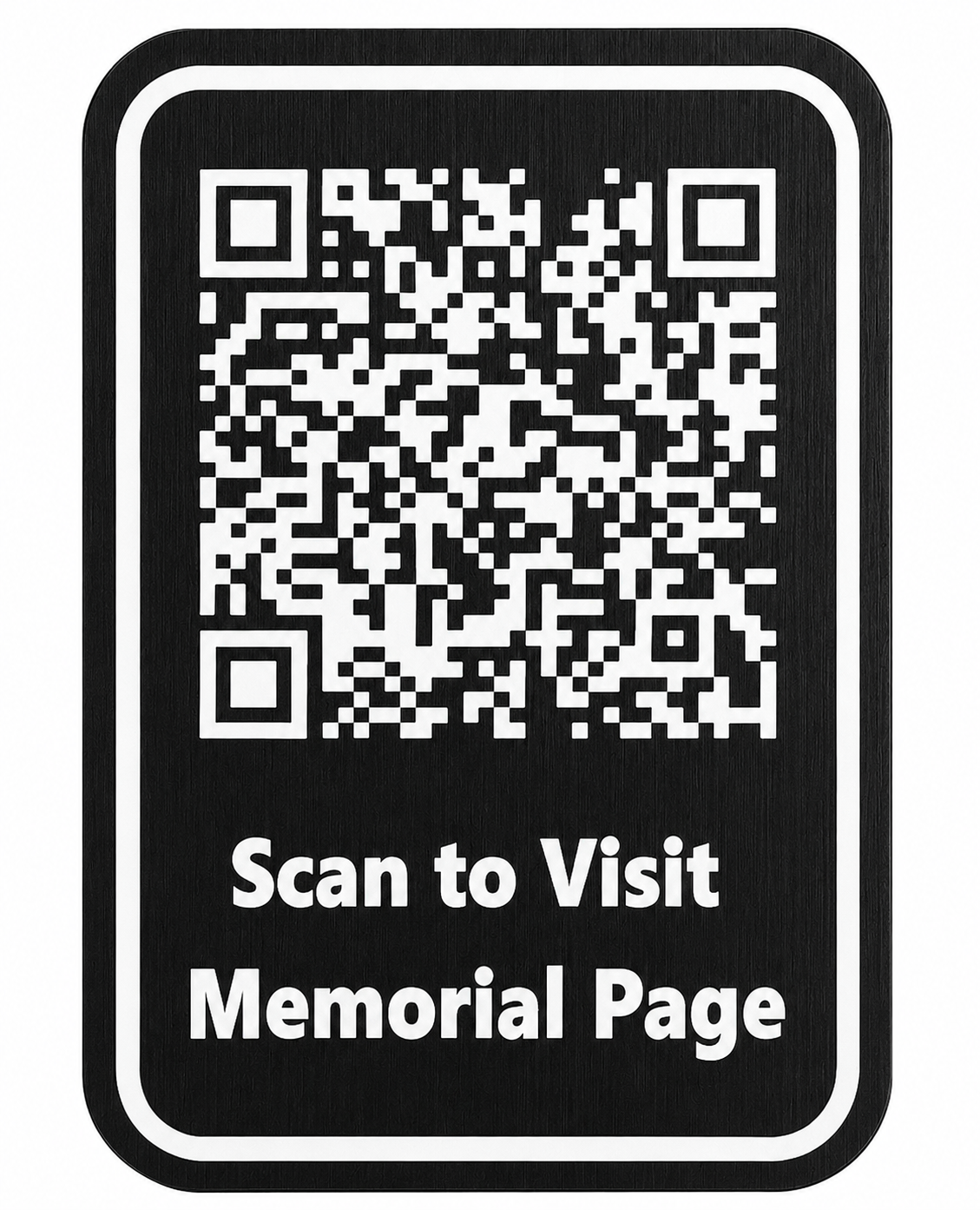 A black rectangular memorial sign or plaque for cemetery headstone with rounded corners, featuring a large white QR code at the top and the text 'Scan to Visit Memorial Page' in white below it, shown on a plain white background.